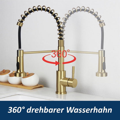 Küchenarmatur mit Brause, Edelstahl 304, 2 Modi, gebürstetes Gold