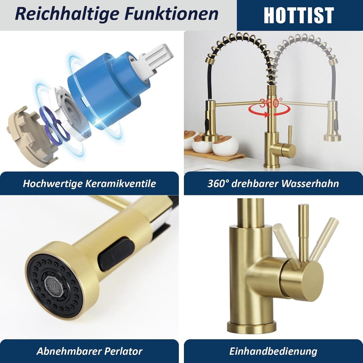 Küchenarmatur mit Brause, Edelstahl 304, 2 Modi, gebürstetes Gold
