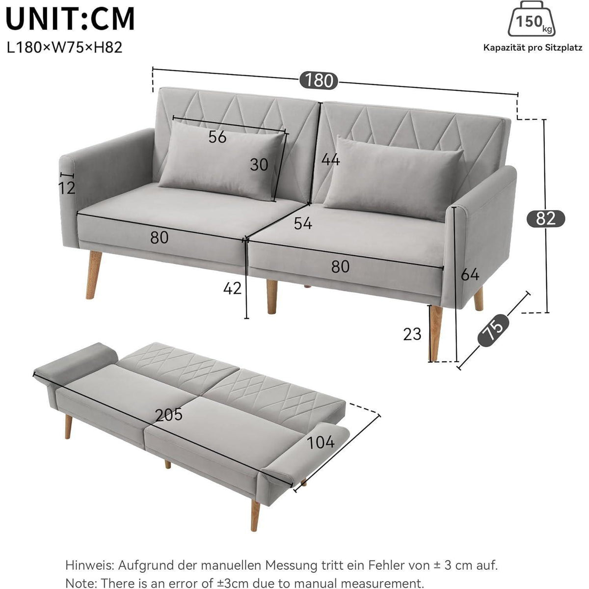 2-Sitzer Schlafsofa mit Samtbezug & verstellbarer Rückenlehne