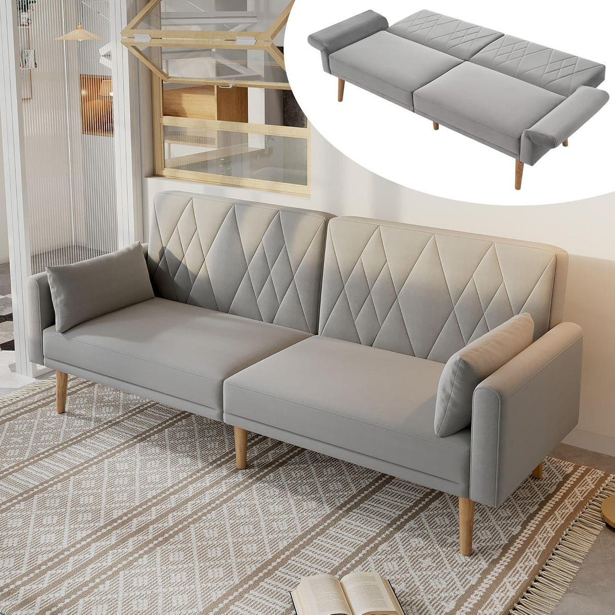 2-Sitzer Schlafsofa mit Samtbezug & verstellbarer Rückenlehne