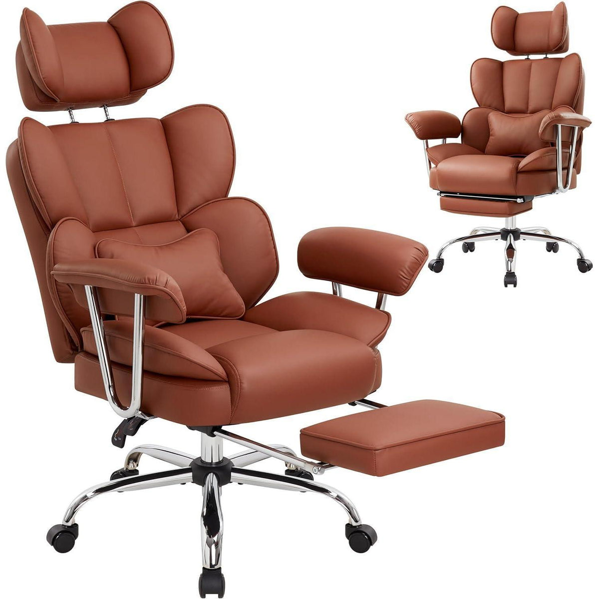 Ergonomischer Bürostuhl mit Fußstütze & Lendenwirbelstütze (Braun)