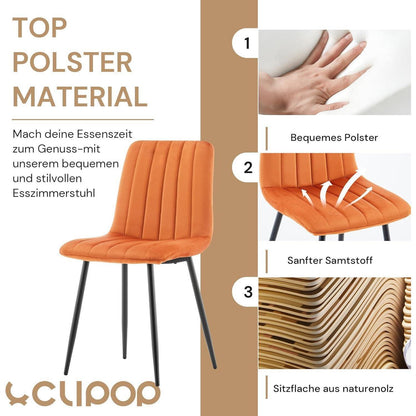 Samt Esszimmerstühle 6er Set – Gepolsterte Lounge Stühle Orange