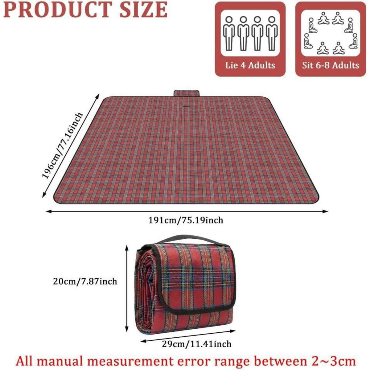 Wasserdichte Picknickdecke 200x200cm – Rot Streifen