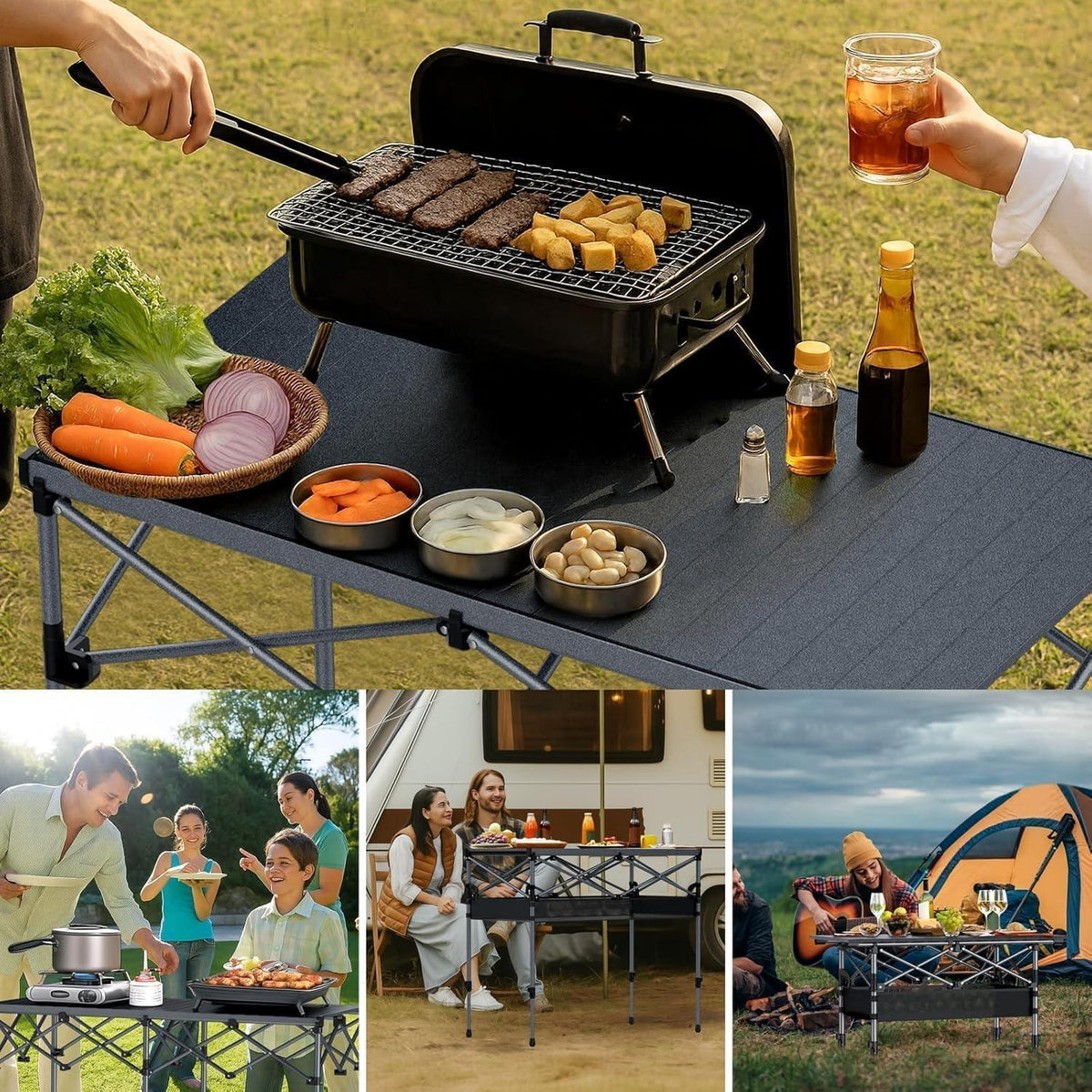 Aluminium Campingtisch aufrollbar, 2 Höhen, 120kg belastbar, mit Netzkorb