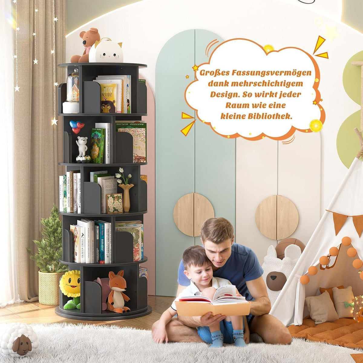 Drehbares 5-stöckiges Bücherregal aus Holz – Eckregal für kleine Räume