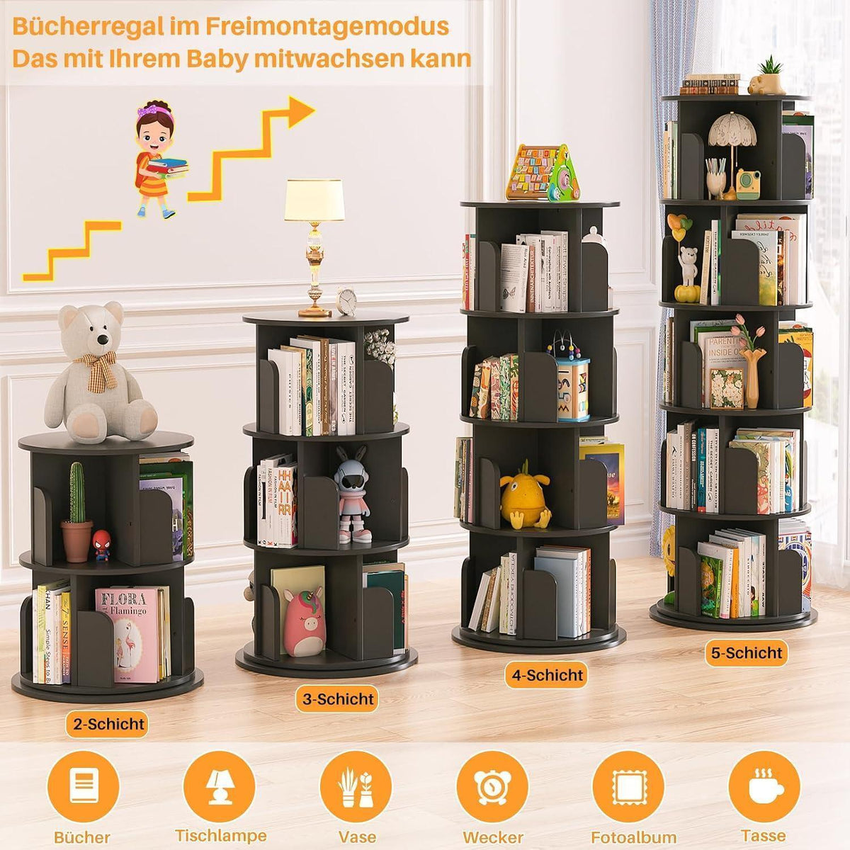 Drehbares 5-stöckiges Bücherregal aus Holz – Eckregal für kleine Räume