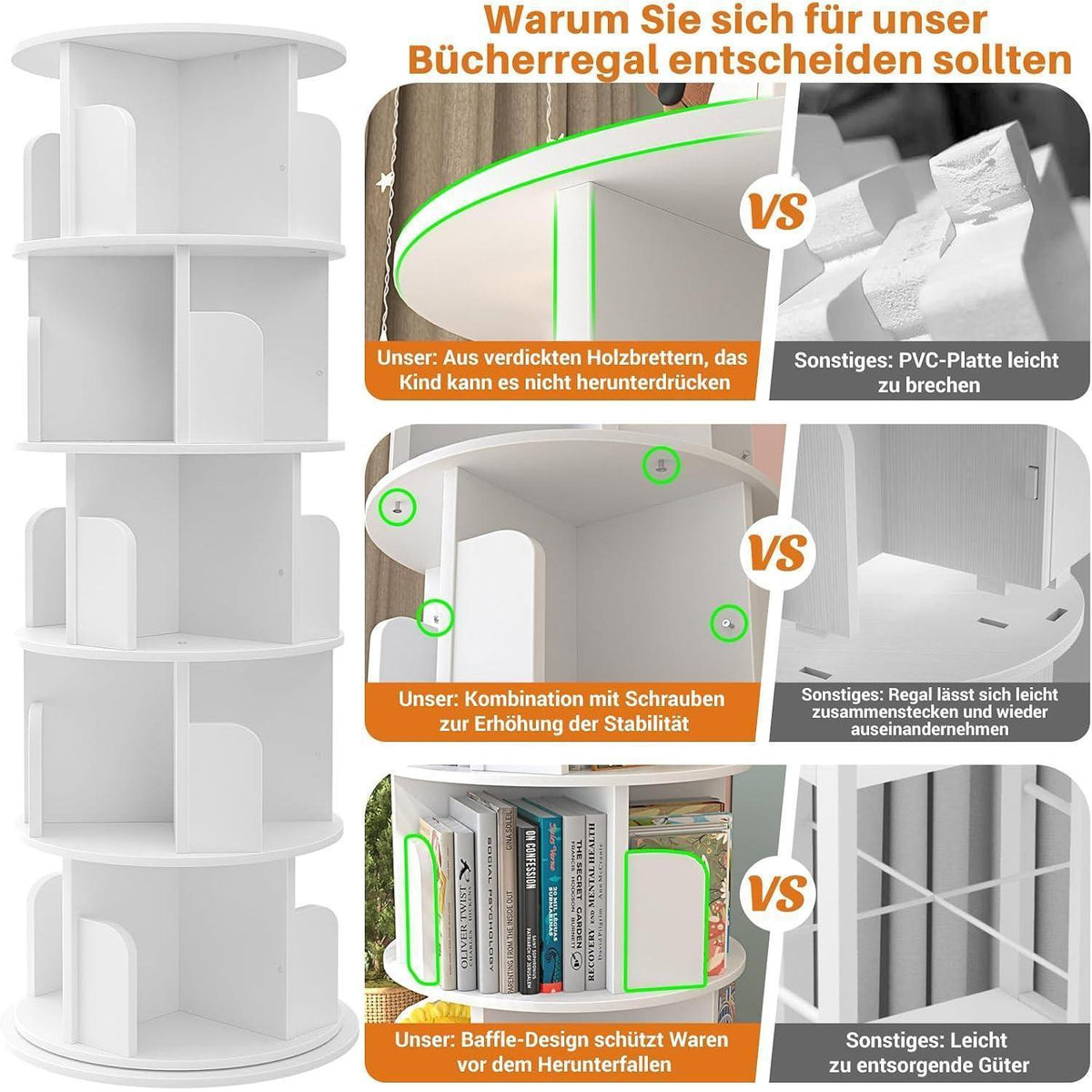 Drehbares Bücherregal 5-stöckig | Eckregal für kleine Räume