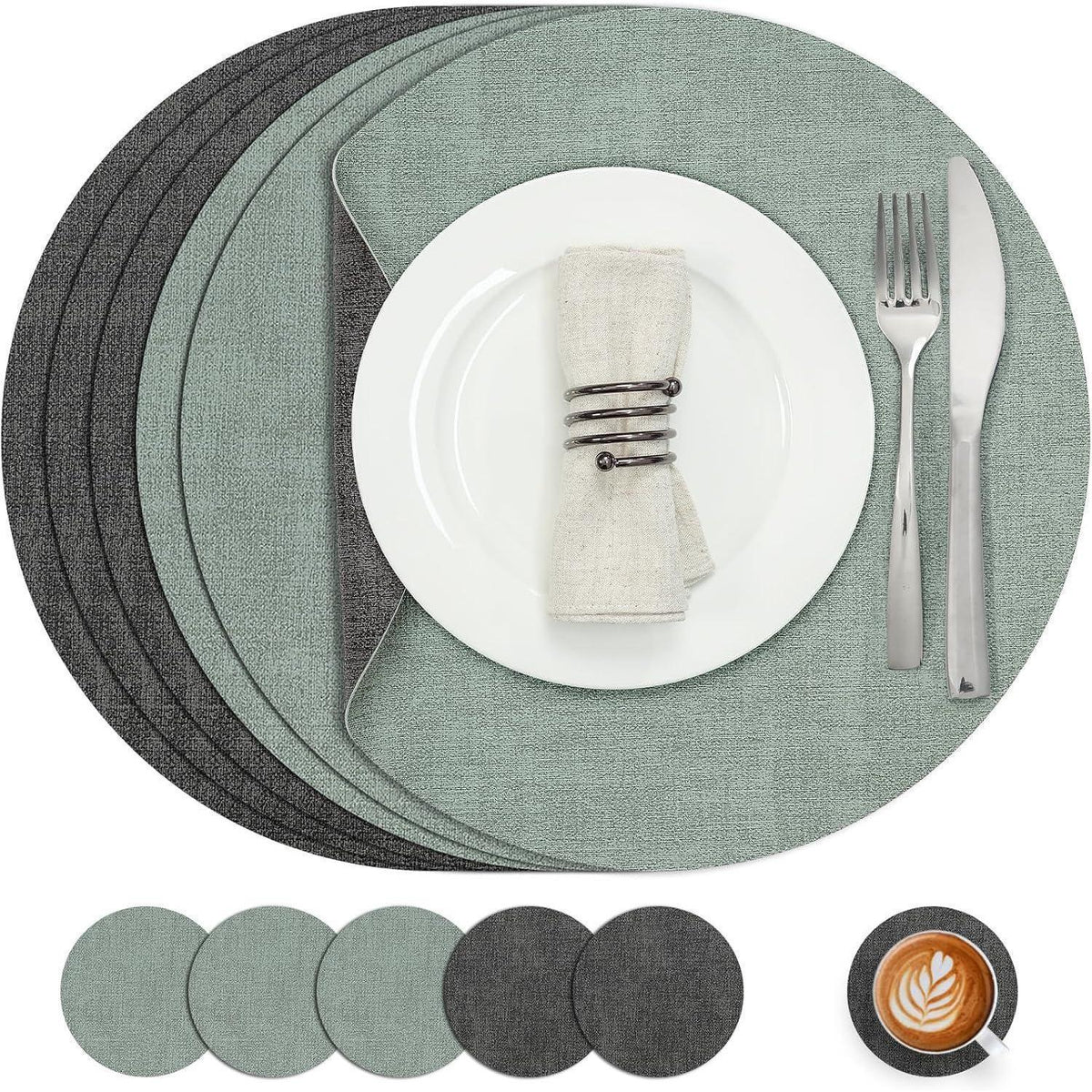 Platzsets Rund 36cm 6er Set Abwaschbar Grau Salbeigrün in Lederoptik