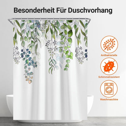 Grüner Duschvorhang 220x200cm mit Blättern | Antischimmel & Wasserabweisend