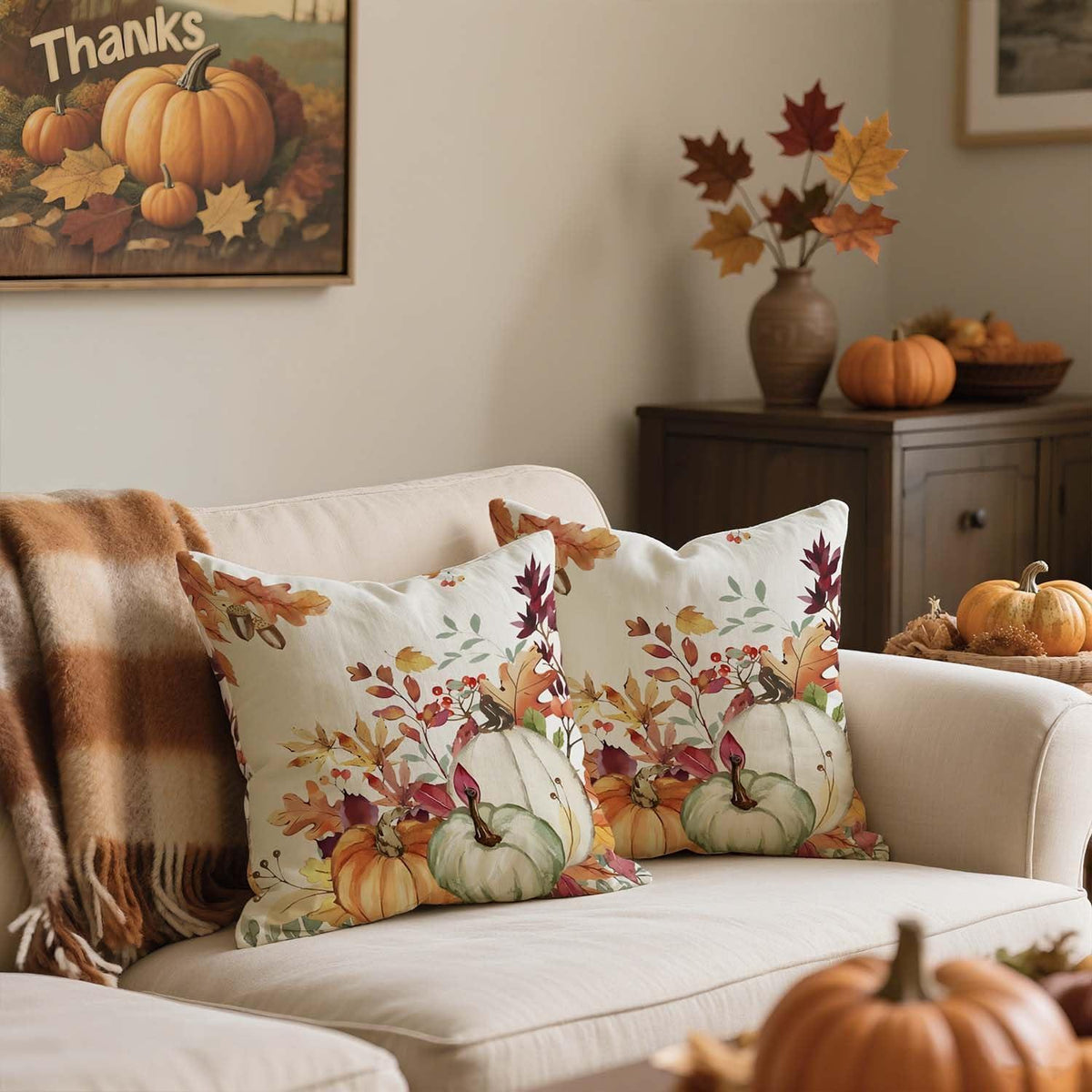 Herbst Kissenbezug 50x50 Kürbis & Blätter 2er Set