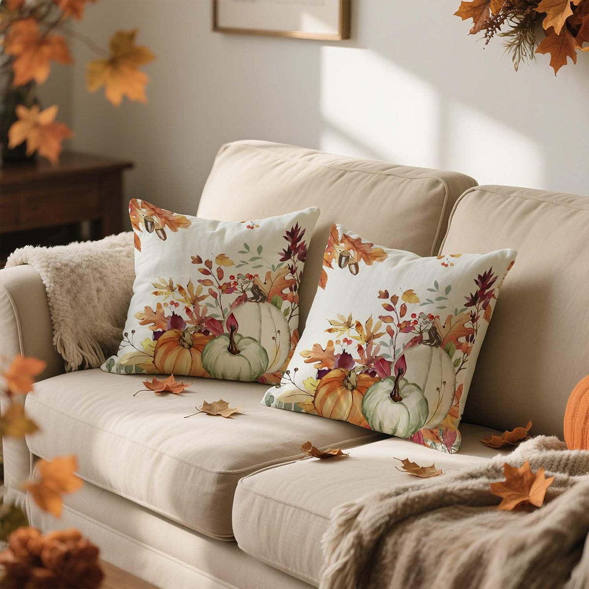 Herbst Kissenbezug 50x50 Kürbis & Blätter 2er Set