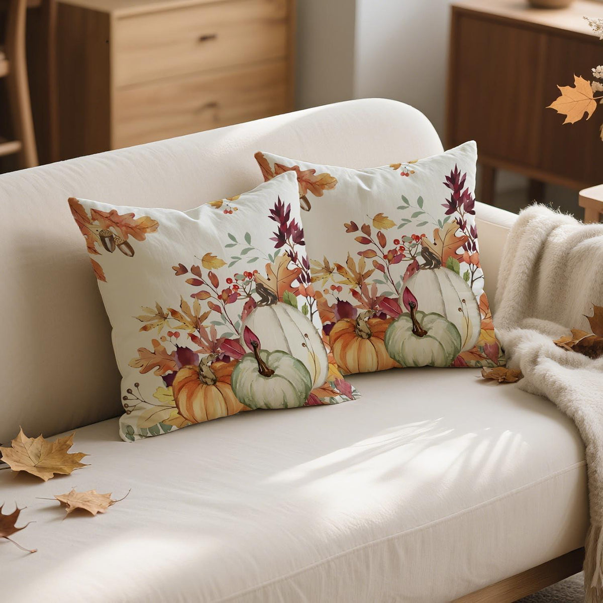 Herbst Kissenbezug 50x50 Kürbis & Blätter 2er Set
