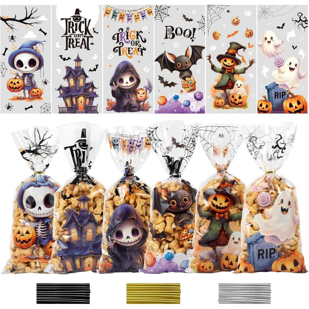 Halloween Cellophantüten 120er Set mit Bindebändern