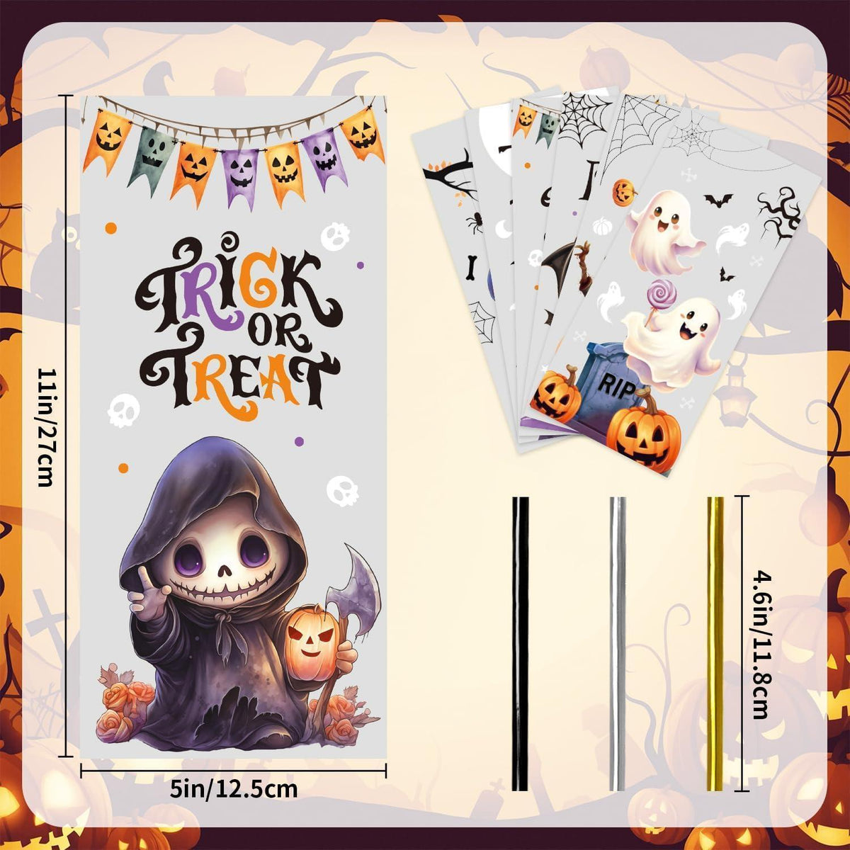 Halloween Cellophantüten 120er Set mit Bindebändern