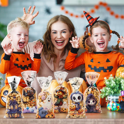 Halloween Cellophantüten 120er Set mit Bindebändern