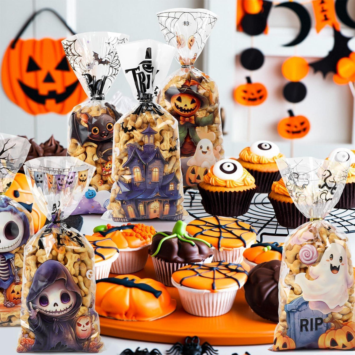 Halloween Cellophantüten 120er Set mit Bindebändern