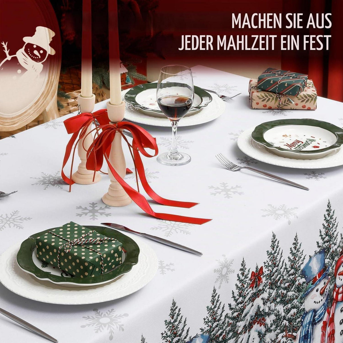 Weißes Weihnachtstischdecke 140x240 cm mit Schneeflocken Dekor