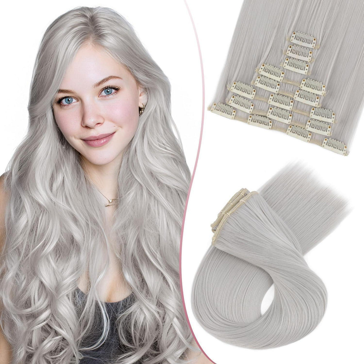 18 Zoll Gerade Clip-in Haarverlängerung Grau – Voller Kopf, 8 Stück