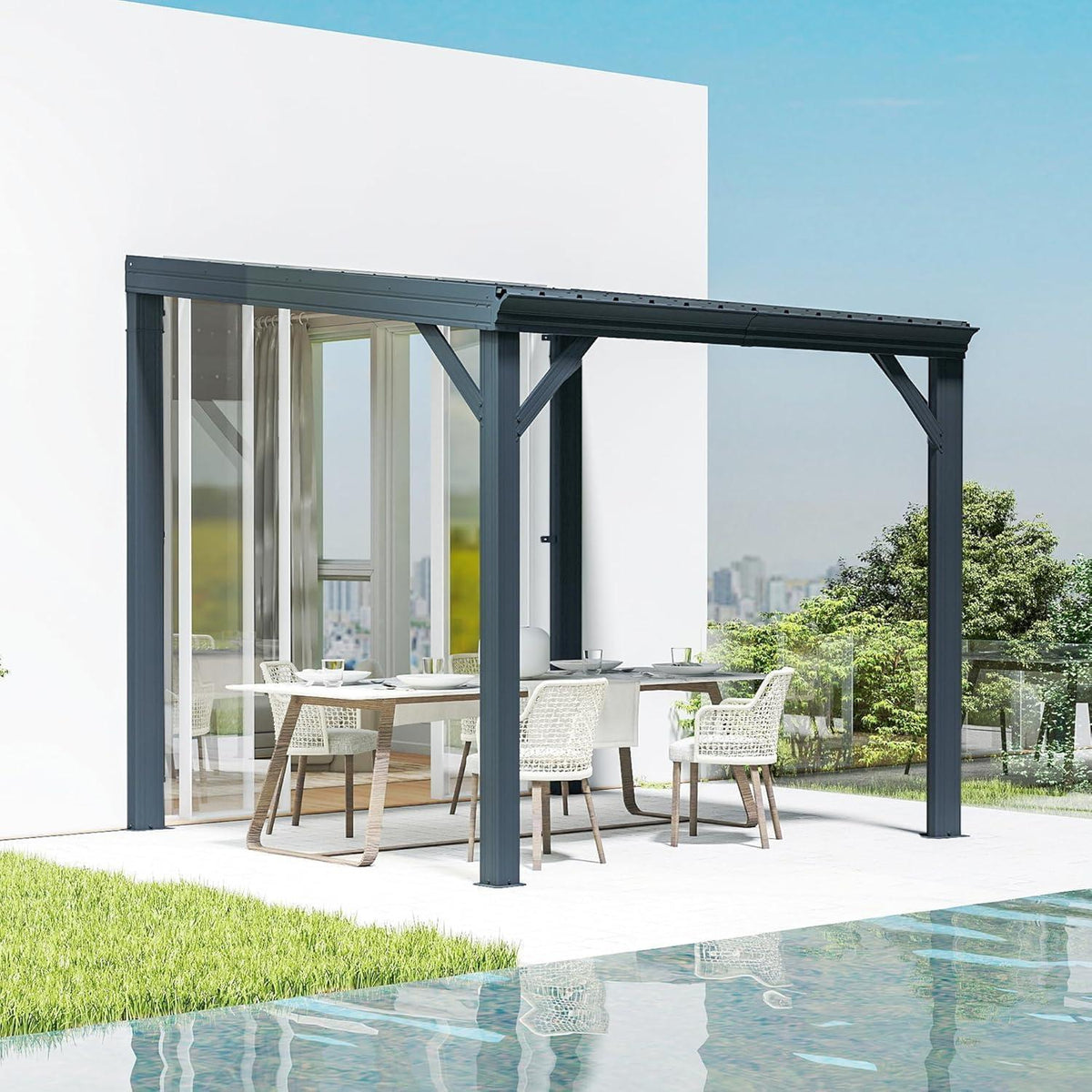 Wandpavillon 3x3m mit Entwässerung – Grau, Terrassenüberdachung