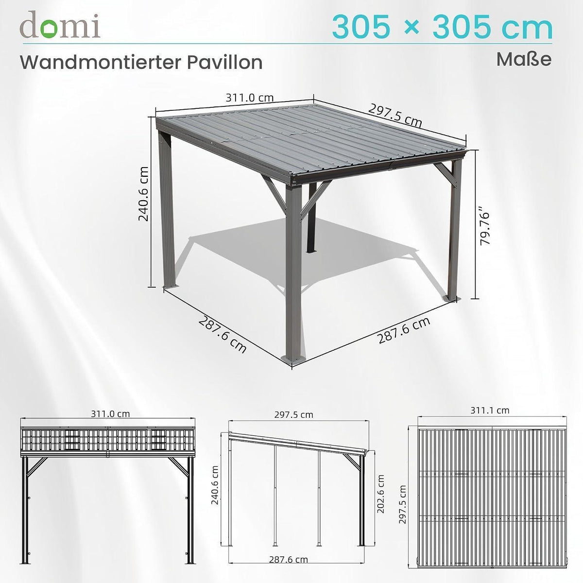 Wandpavillon 3x3m mit Entwässerung – Grau, Terrassenüberdachung