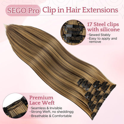 26 Zoll Clip-in Haarverlängerung Gerade Highlights Hellbraun & Blond