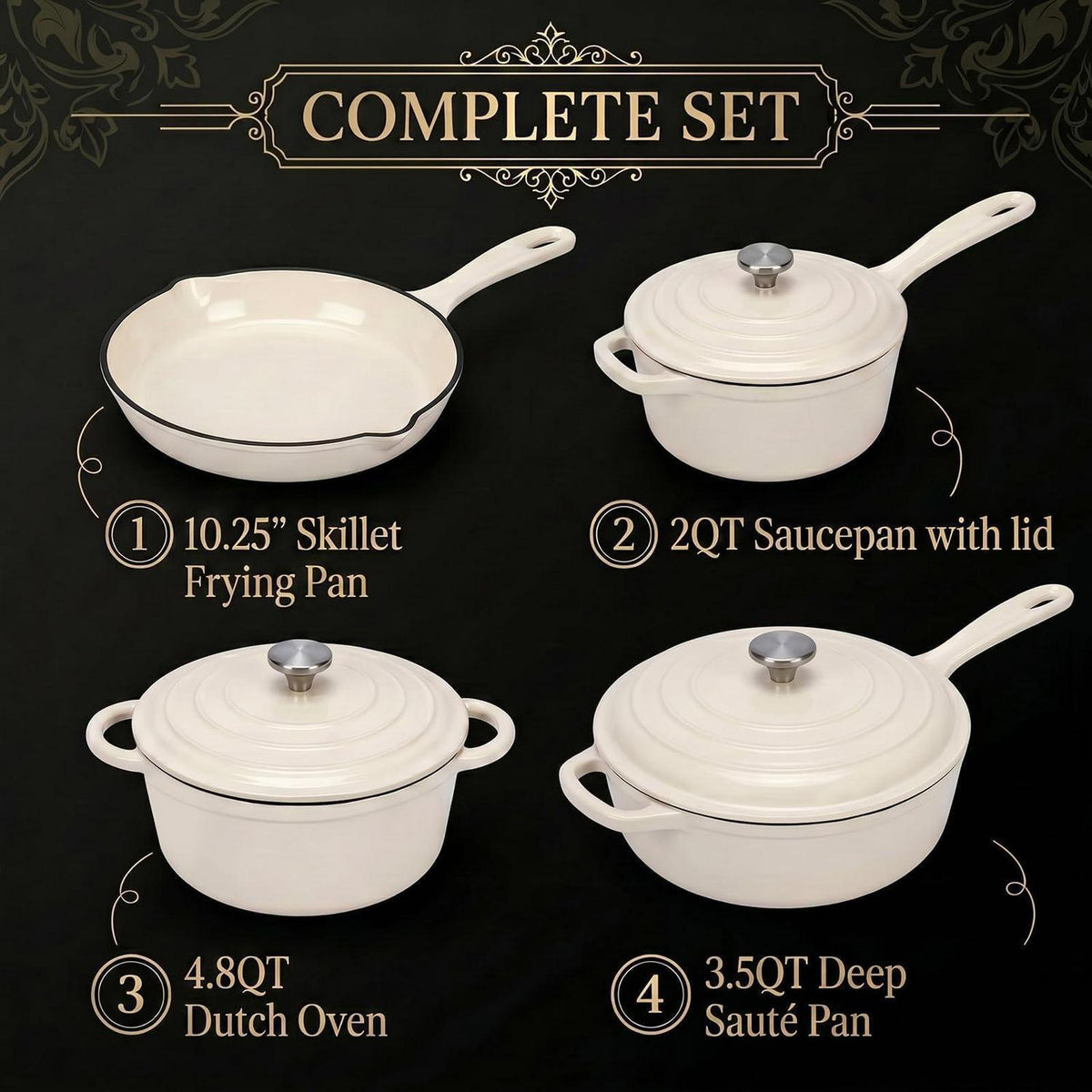 Gusseisen Kochgeschirr Set 4-teilig, Emailliert & Ofenfest