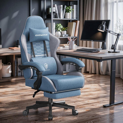 Ergonomischer Gaming-Stuhl mit Fußstütze und Netzgewebe (Blau, Übergröße)