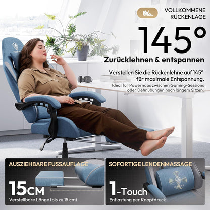 Ergonomischer Gaming-Stuhl mit Fußstütze und Netzgewebe (Blau, Übergröße)