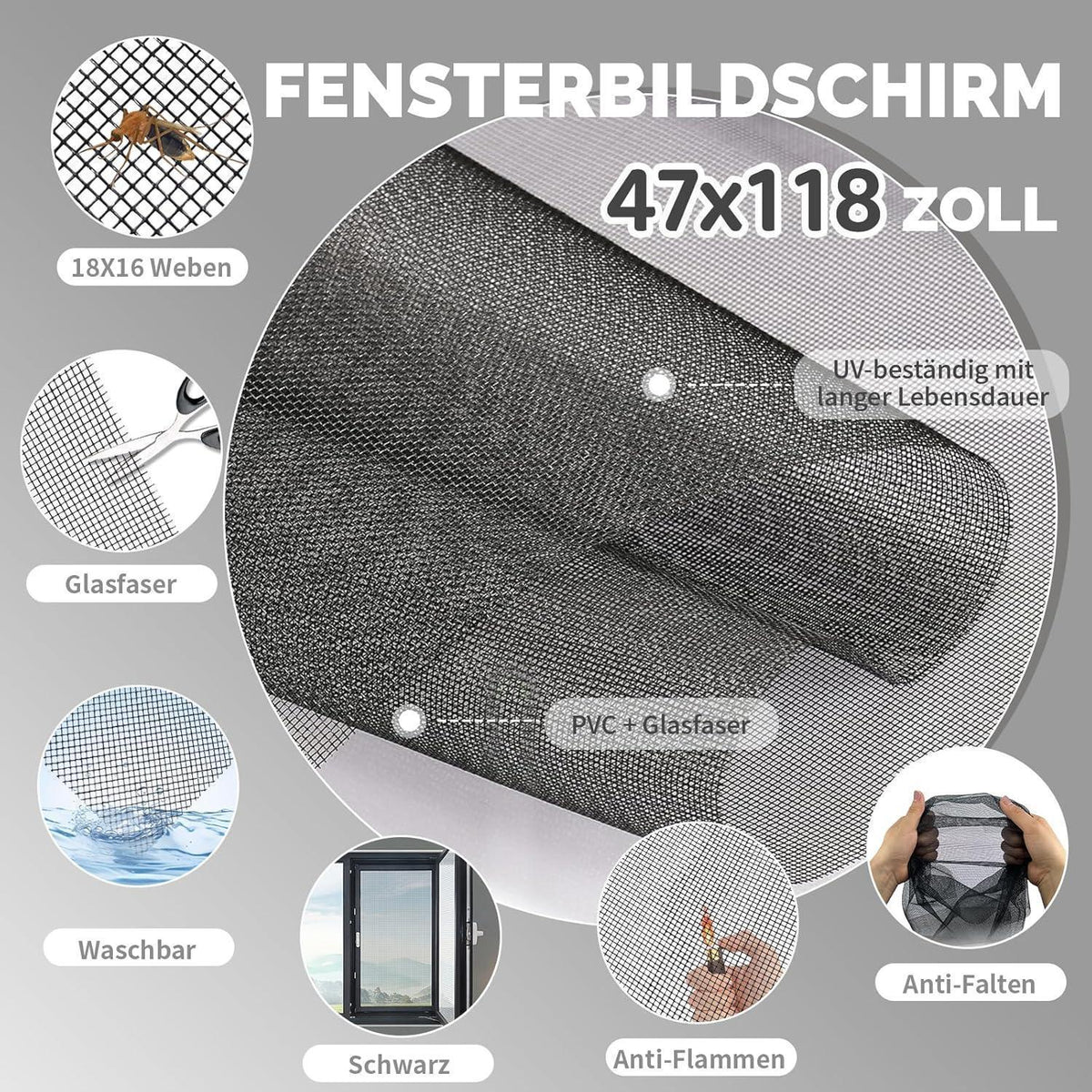 Fliegengitter Fenster 300x120cm – Schneidbar & Reparatur Set