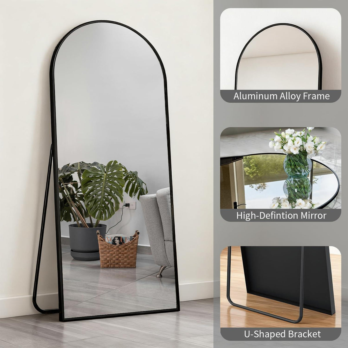 Ganzkörperspiegel Bogenförmig 165x60cm – Stand- & Wandspiegel Schwarz