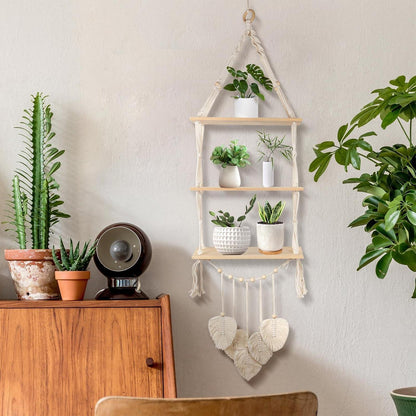 Wandregal Makramee Holz 3-Tier Boho Hängeregal Beige