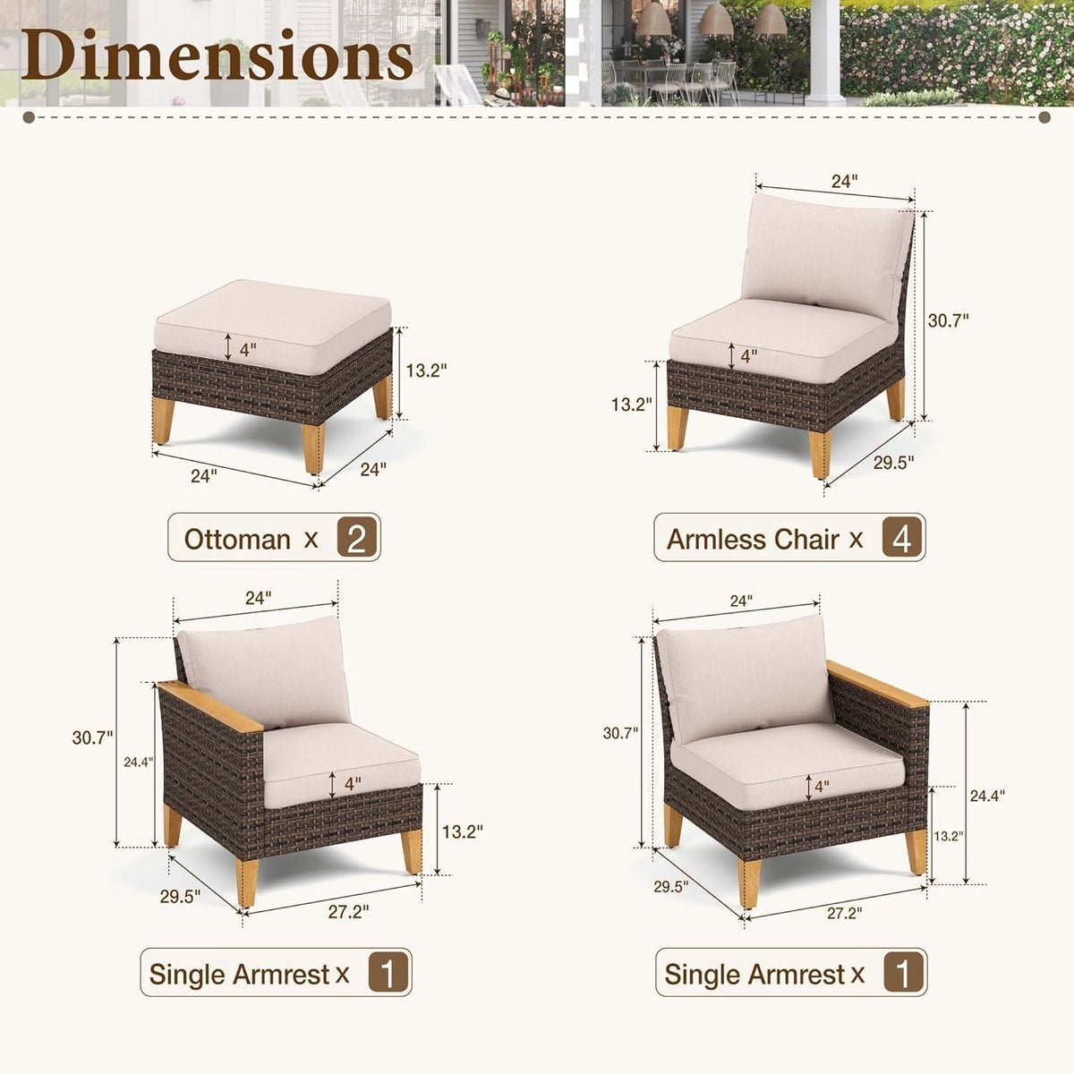Polyrattan Lounge Set mit dicken, wasserdichten Kissen