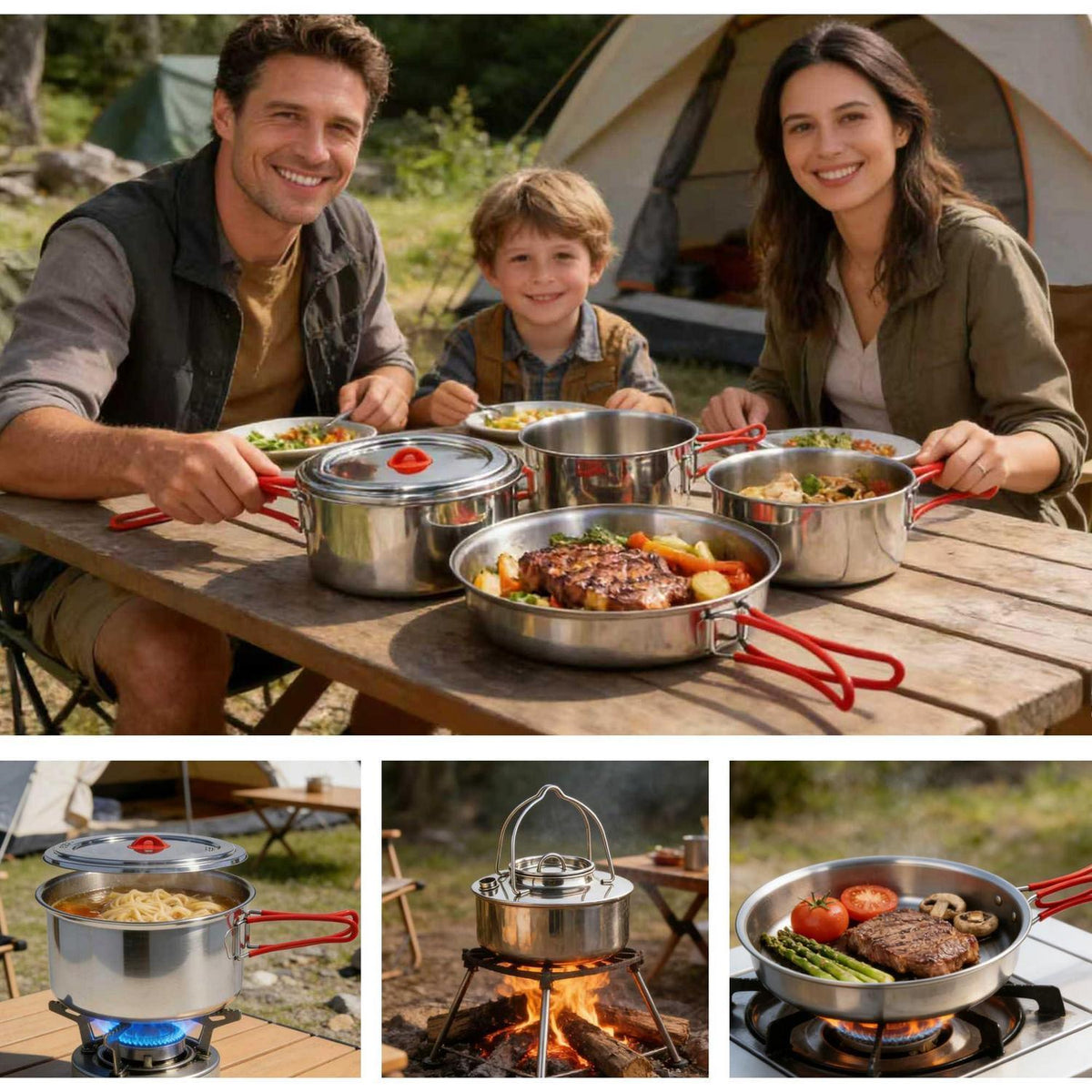 11-teiliges Camping Kochset Edelstahl – Topf, Pfanne & Zubehör