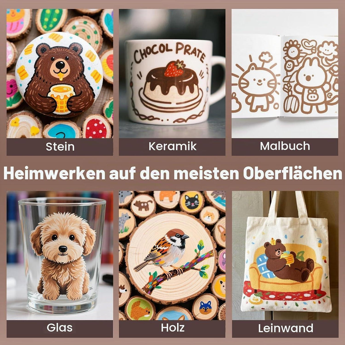 Acrylstifte Set 12 Braun | Pinselspitze für Stein, Glas & Co.