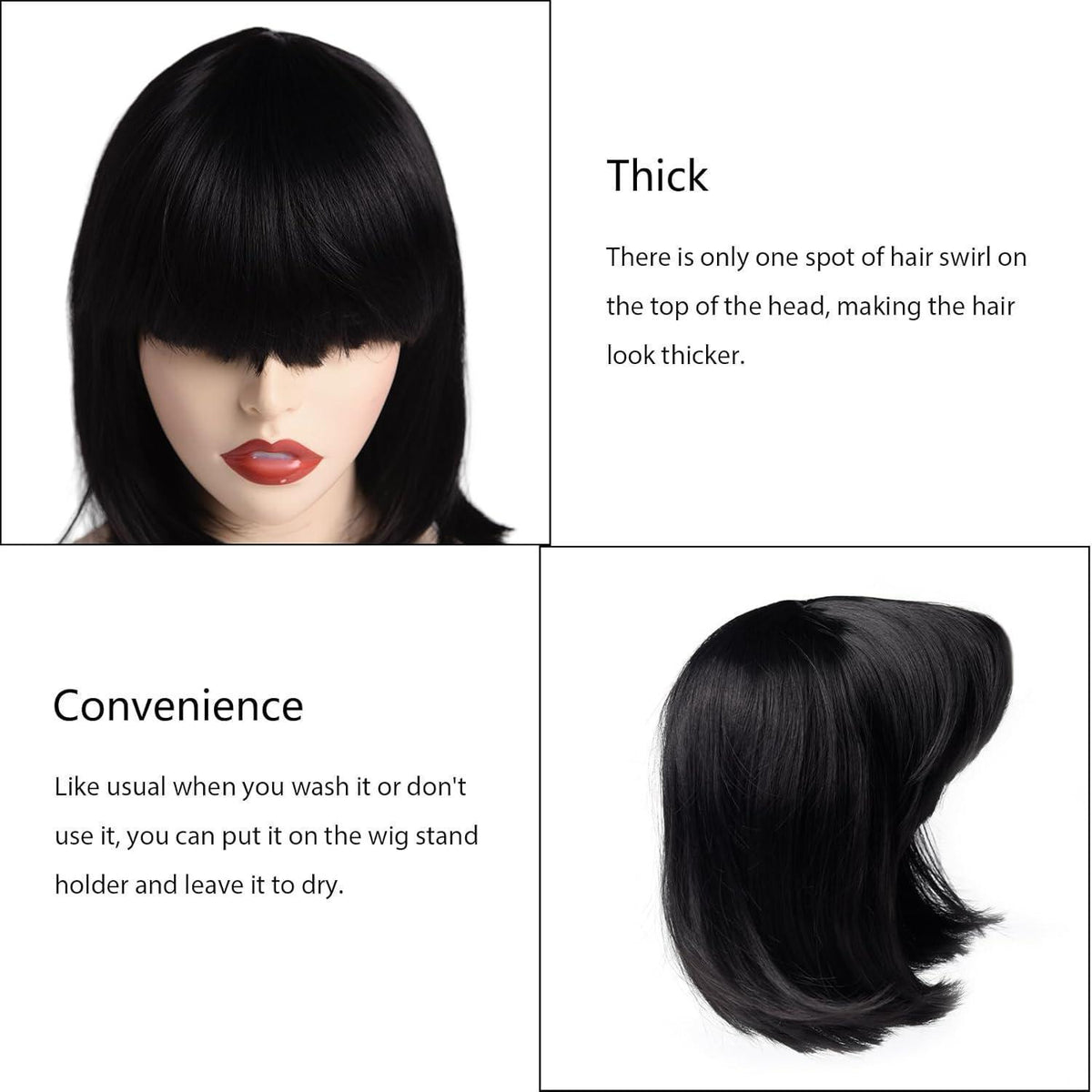 Bob Perücke Damen Schwarz Glatt mit Pony – 12 Zoll Synthetik