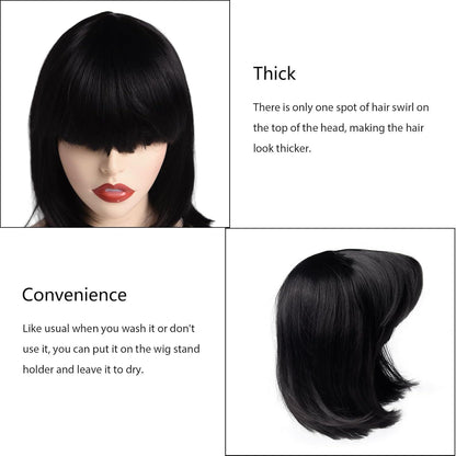 Bob Perücke Damen Schwarz Glatt mit Pony – 12 Zoll Synthetik