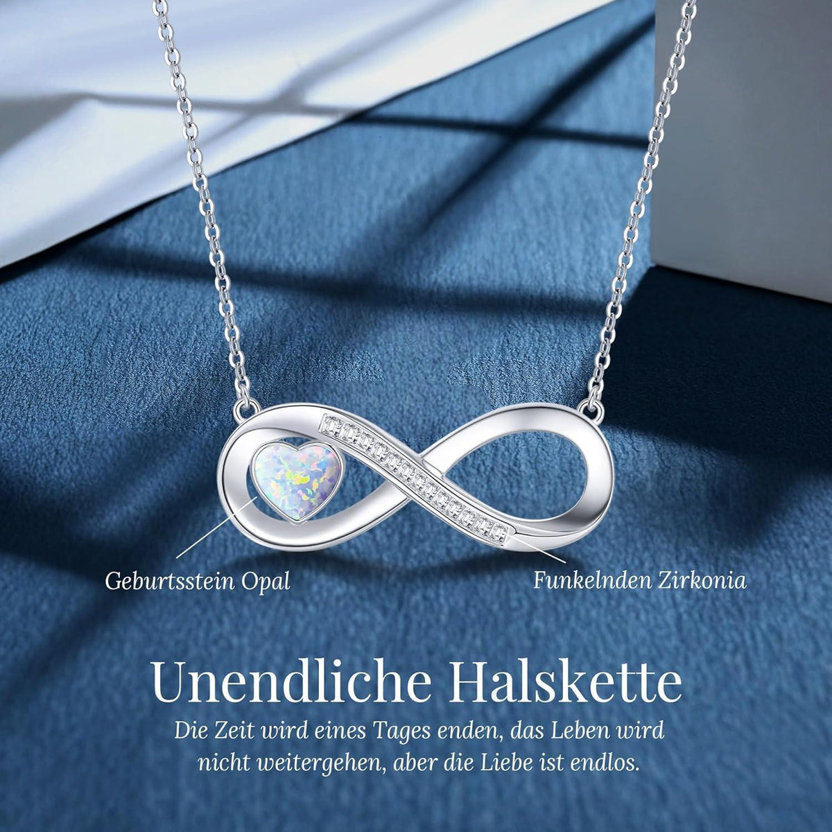 Silber Halskette Damen mit Infinity Herz & Geburtsstein Opal