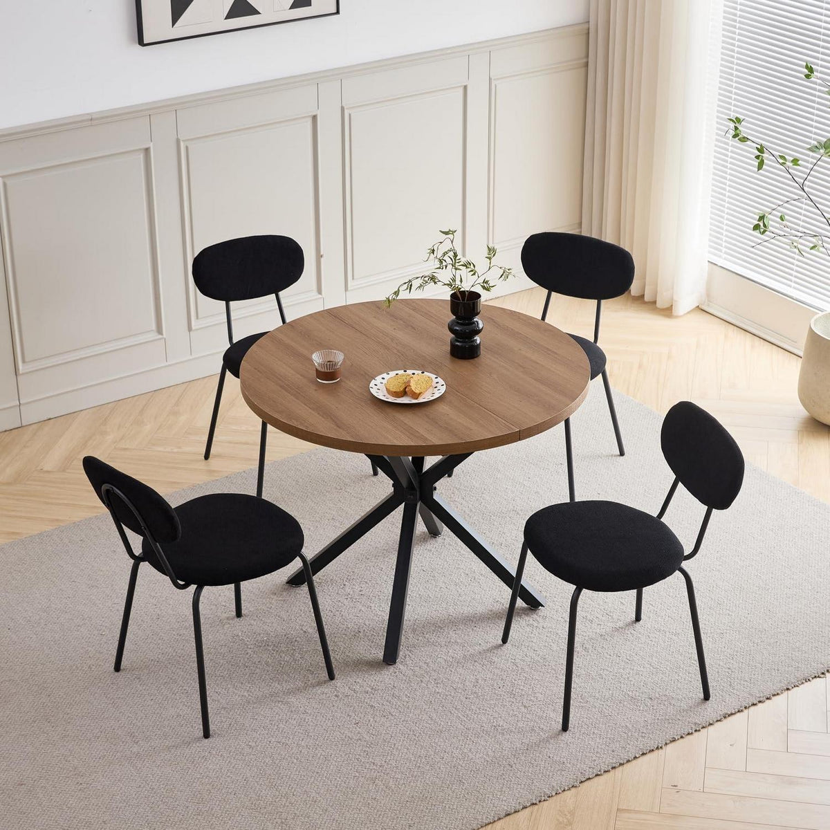 Runder Esstisch Set (100cm) mit 4 modernen Stühlen – Dunkel/Schwarz