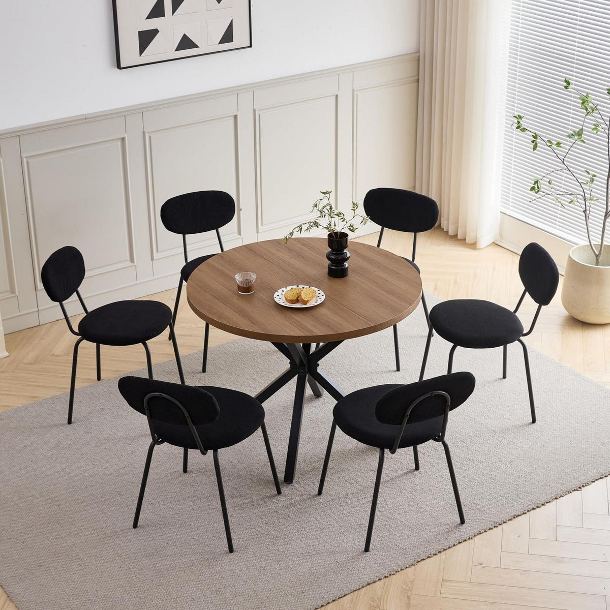 Runder Esstisch Set (100cm) mit 6 Stapelstühlen Dunkel/Schwarz