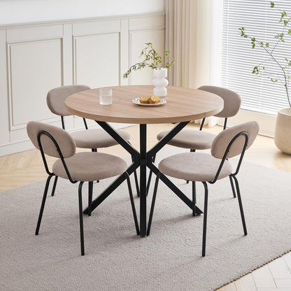 Runder Esstisch Set 100cm Holz + 6 Stapelbare Stühle Hell/Khaki
