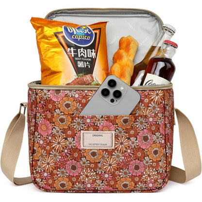 Isolierte Lunchtasche Blumenmuster mit Schultergurt (7.5L, Braun)