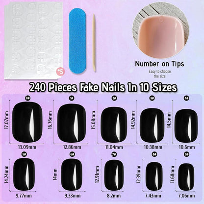 240 Press On Nägel Schwarz Quadratisch Kurz – DIY Nageldesign