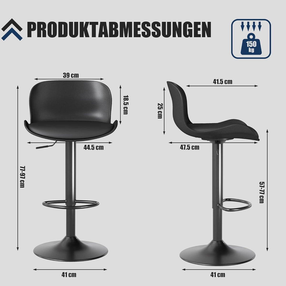 Höhenverstellbarer Barhocker 4er Set Schwarz mit Fußstütze