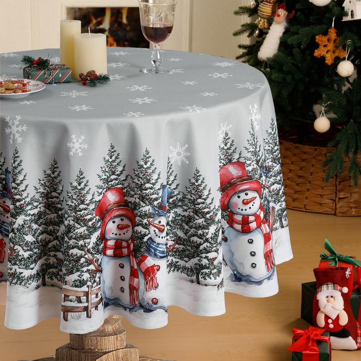 Weihnachts Tischdecke Grau Rund 160cm - Schneemann Motiv