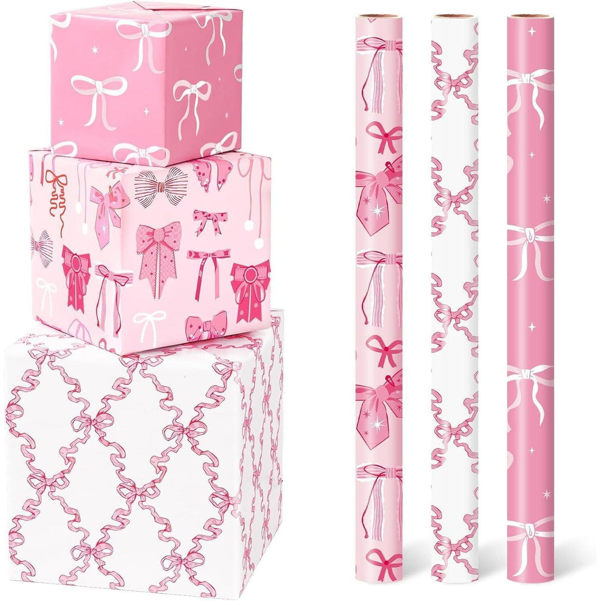 Rosa Geschenkpapier mit Schleife – 3 Rollen für Mädchen