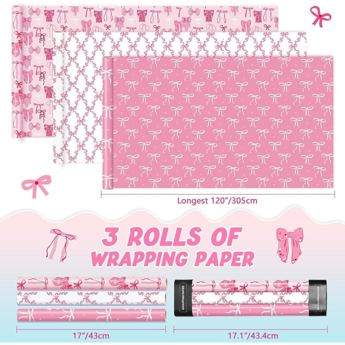 Rosa Geschenkpapier mit Schleife – 3 Rollen für Mädchen