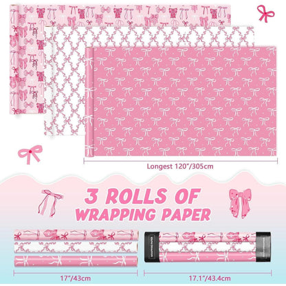 Rosa Geschenkpapier mit Schleife – 3 Rollen für Mädchen