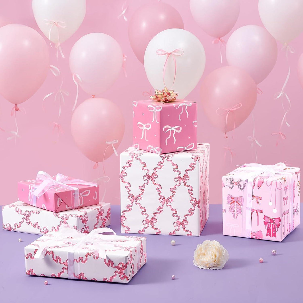 Rosa Geschenkpapier mit Schleife – 3 Rollen für Mädchen