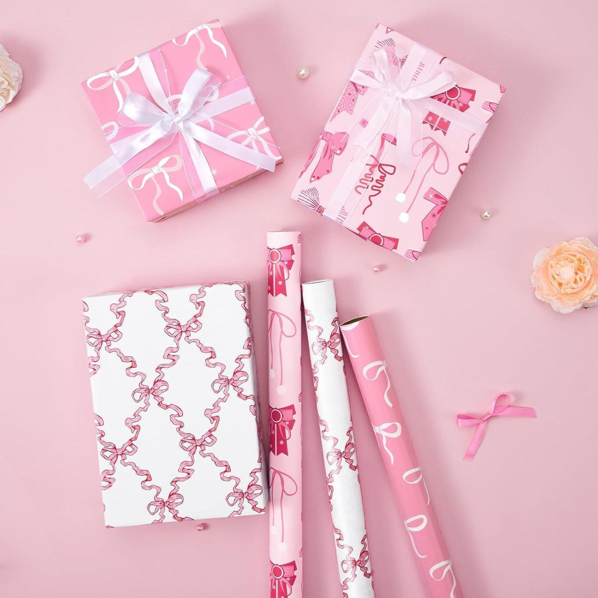 Rosa Geschenkpapier mit Schleife – 3 Rollen für Mädchen