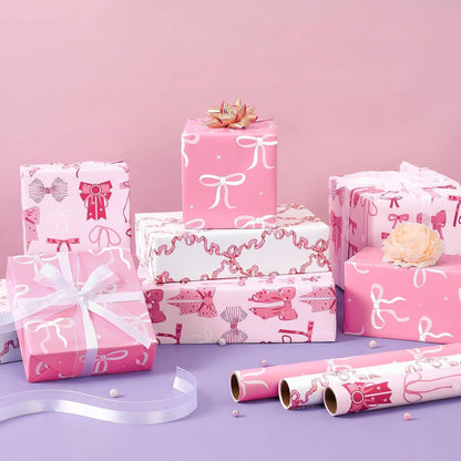 Rosa Geschenkpapier mit Schleife – 3 Rollen für Mädchen